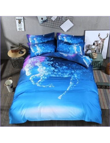 Housse de Couette Licorne Fleurie bleue de pas cher